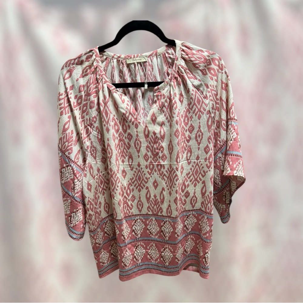 Bebonnie pink and white boho peasant blouse with 3/4 length sleeves - NWOT - Picture 3 of 8